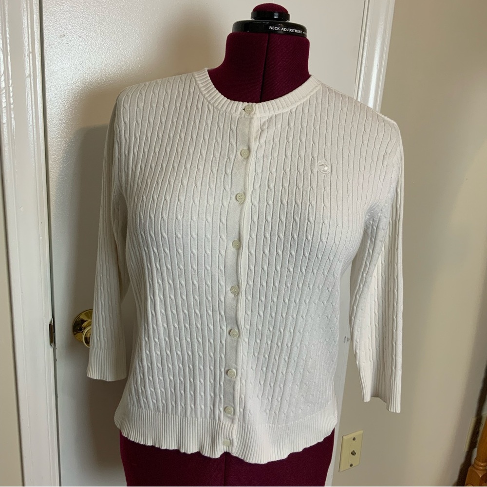EUC Duck Head Heavy Cable Knit button down Ivory Sweater 3/4 Sleeves
